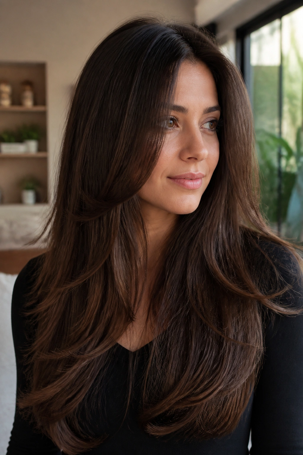 Close-up portrait of a real woman with invisible layers in thick brown hair