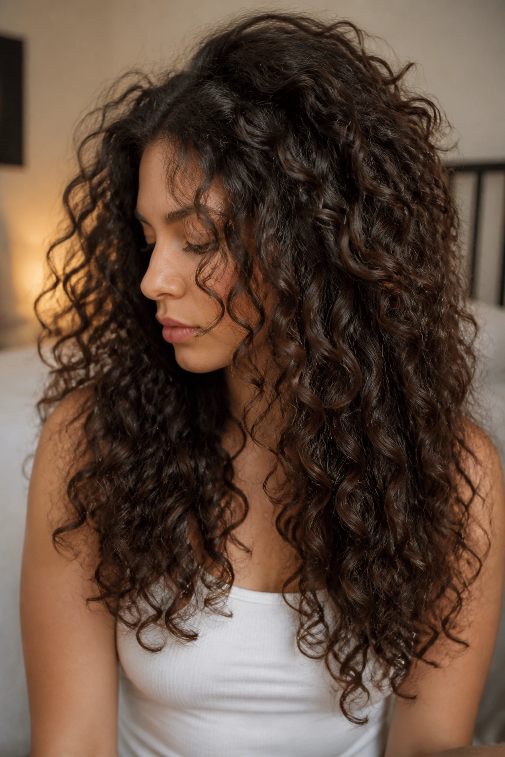 Close-up of a real person with thick curls and hidden removal layers