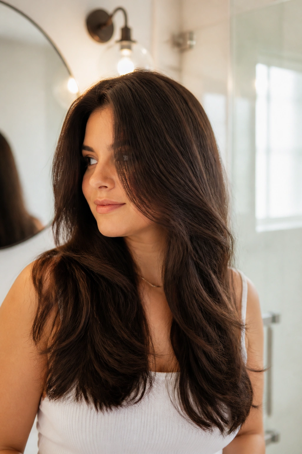 Portrait of a real woman with invisible internal layers in thick hair