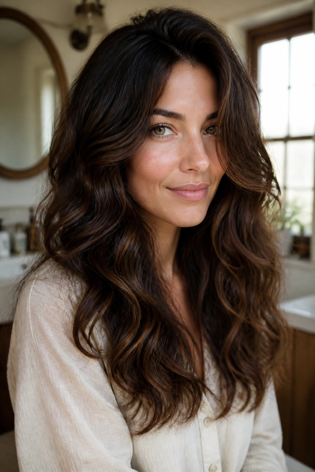 Close-up of a real woman with thick waves and invisible layers in warm light