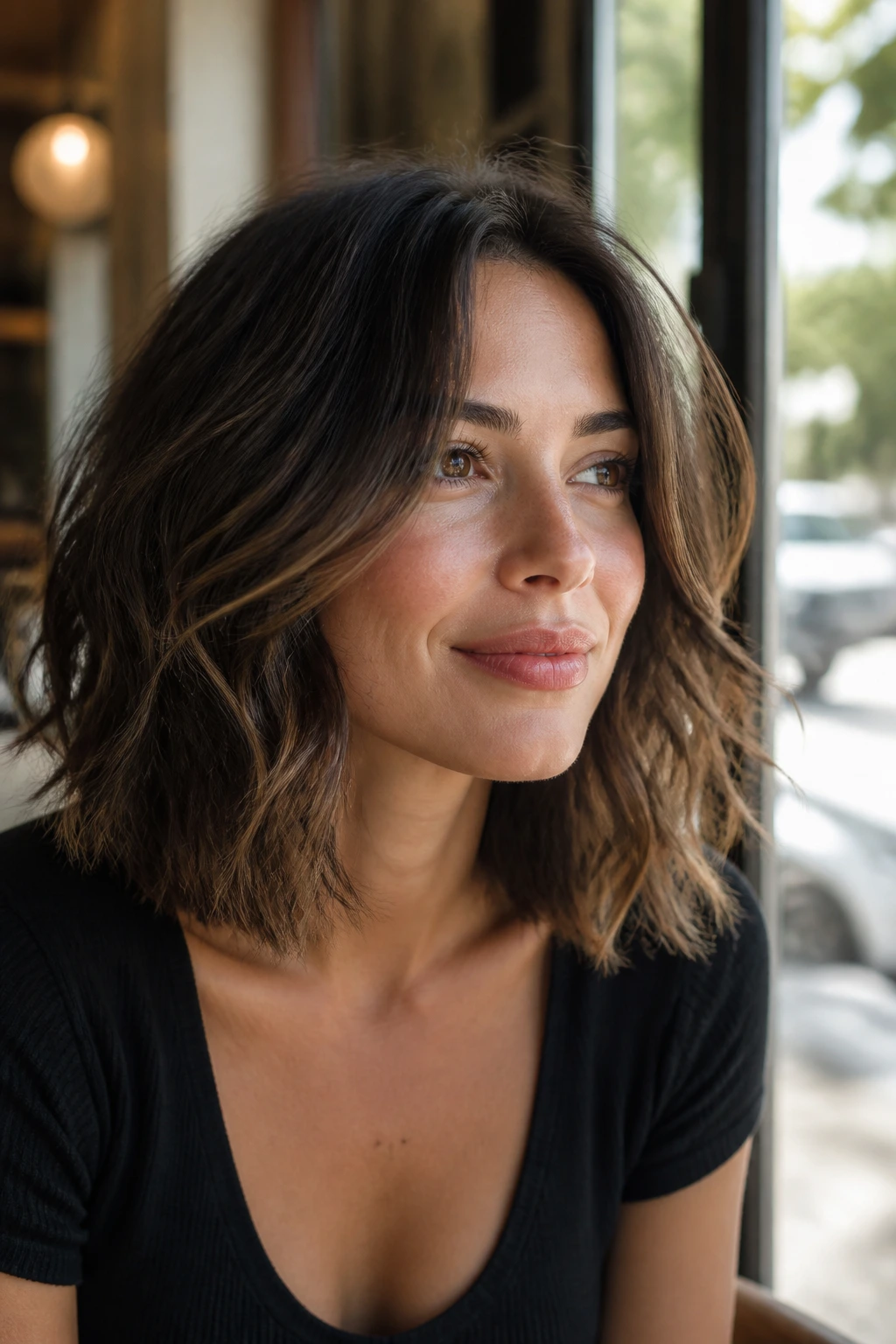 Close-up of a real woman's tousled lob with invisible layers in sunlit cafe
