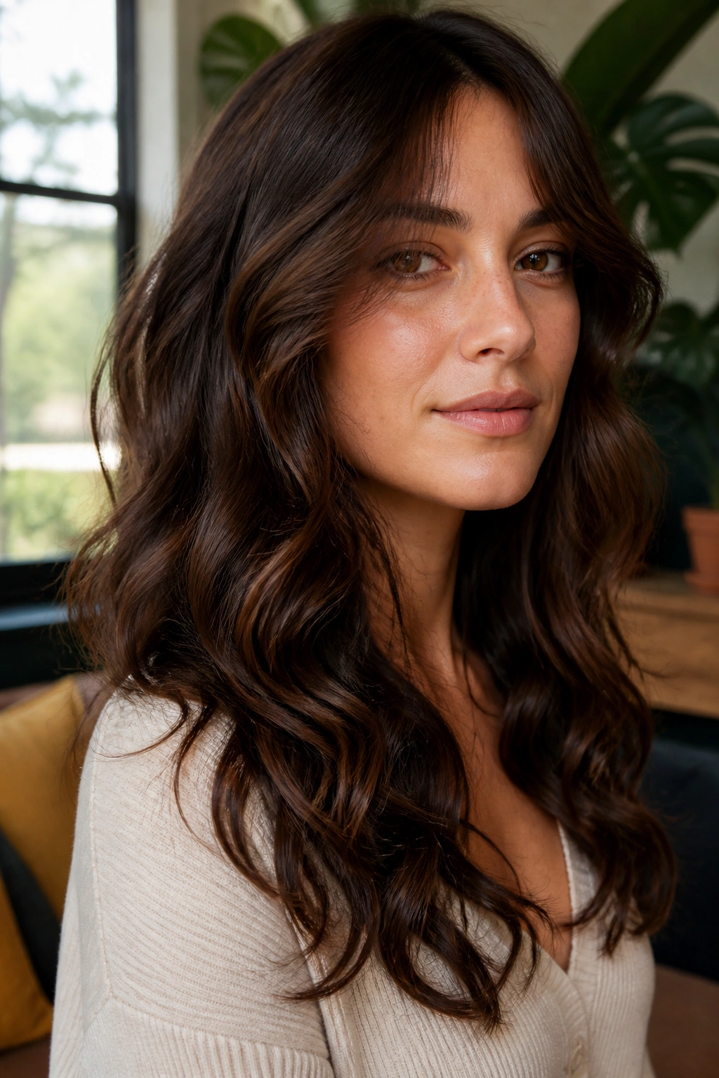 Real person with wavy hair showing invisible layered cut in natural light.