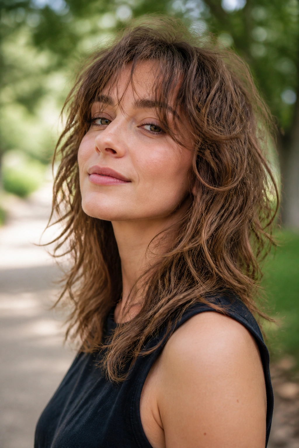 Close-up of a real person with wavy shag and invisible layers in a park setting