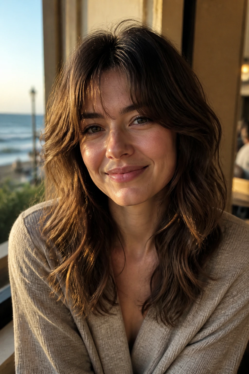 Close-up of a real woman with invisible-layer wavy shag in golden hour light