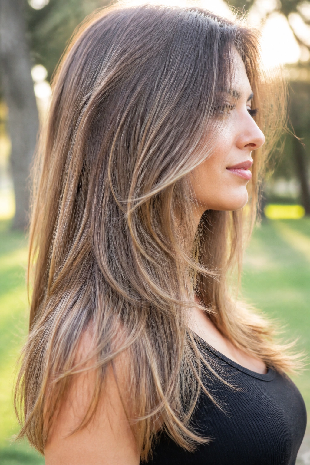 Side-profile close-up of a real person with long hair and invisible interior layers
