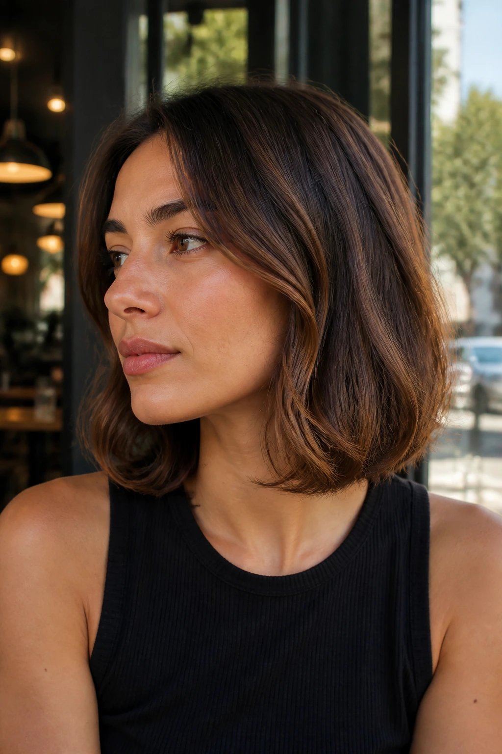 Close-up of real person with inward-bent lob and soft tucked ends