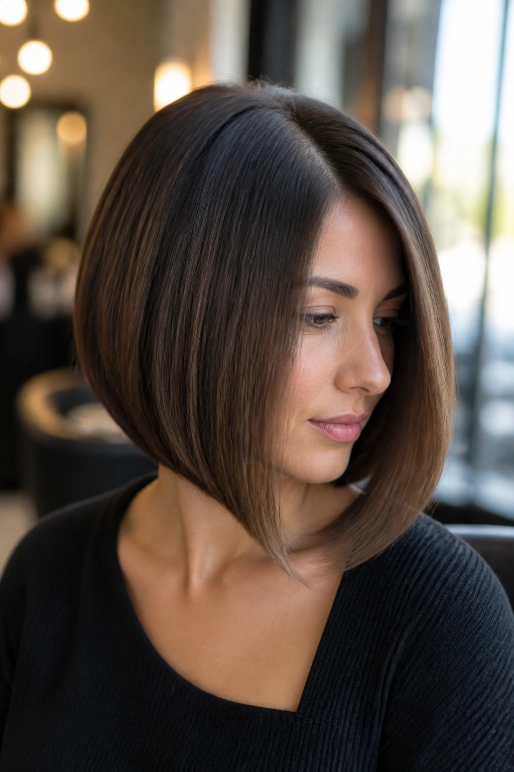 Close-up of inward-curving bob with soft corners on a real woman in a sunlit salon