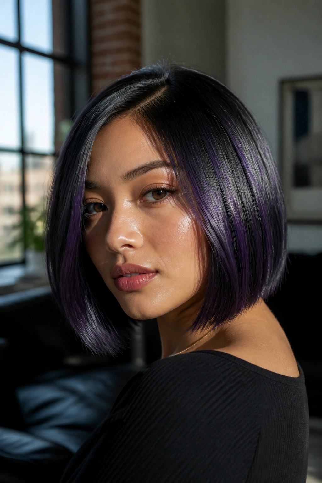 Close-up portrait of a real woman with a black bob and iridescent purple glaze