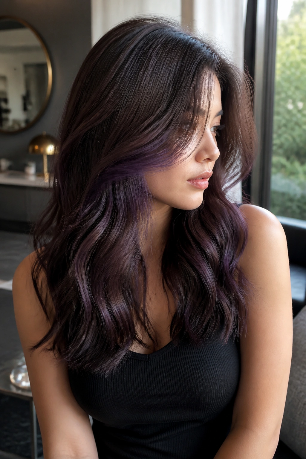 Real woman with iridescent purple brown balayage under natural light