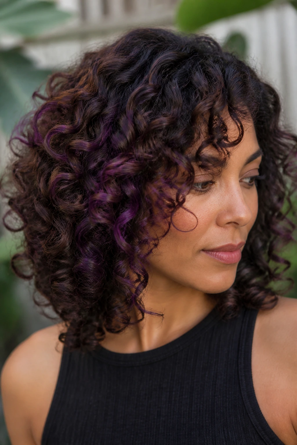 Close-up of curly brown hair with iridescent purple highlights