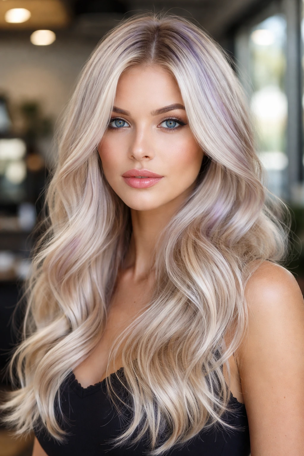 Close-up portrait of a real woman with iridescent vanilla hair showing lilac and silver flashes in sunlight.
