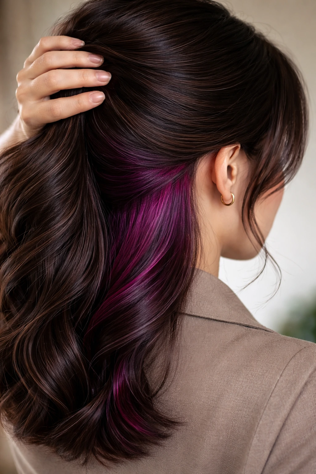 Close-up of a real person with violet-red iridescent accents at the nape