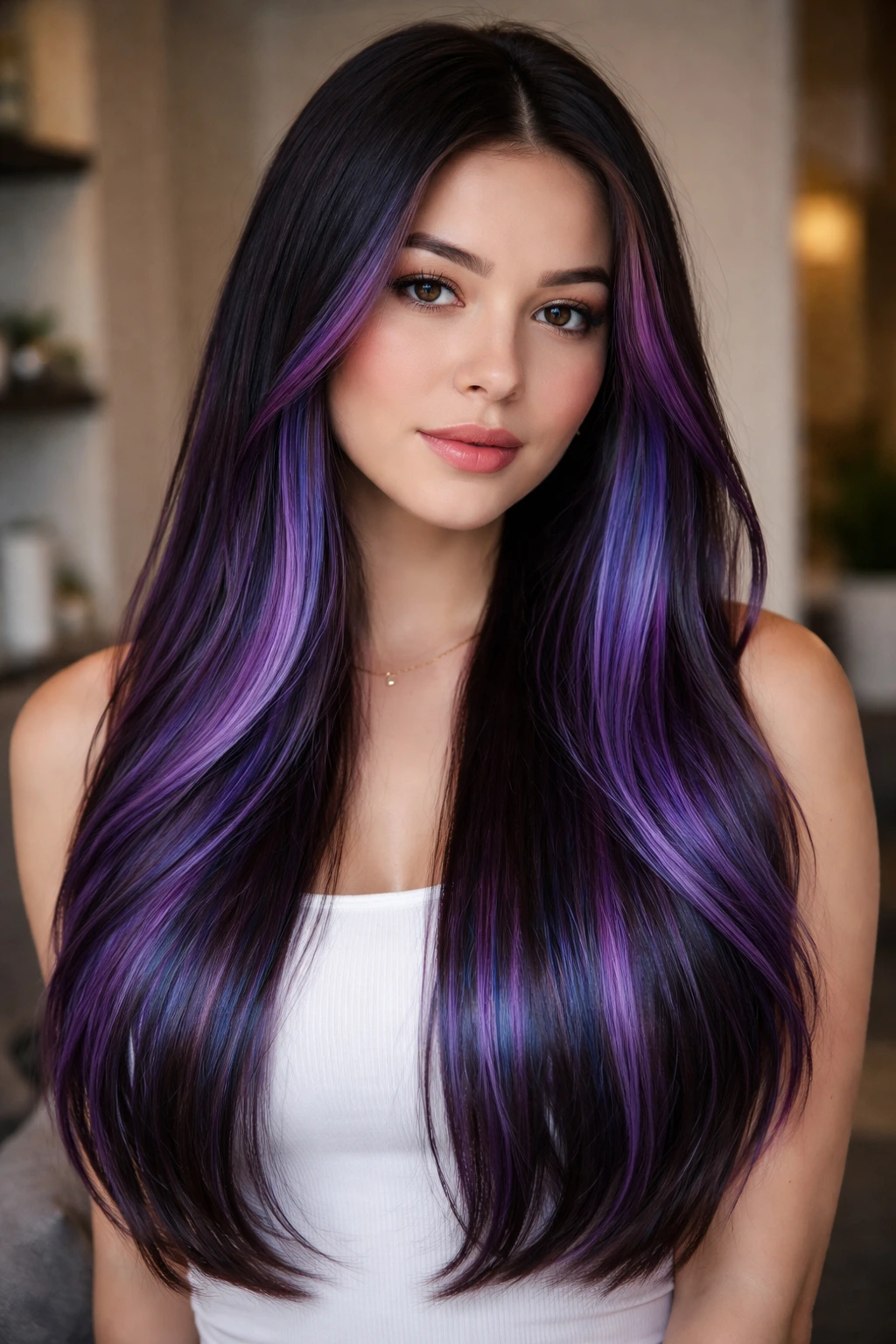 Close-up portrait of a woman with iris balayage on long straight hair