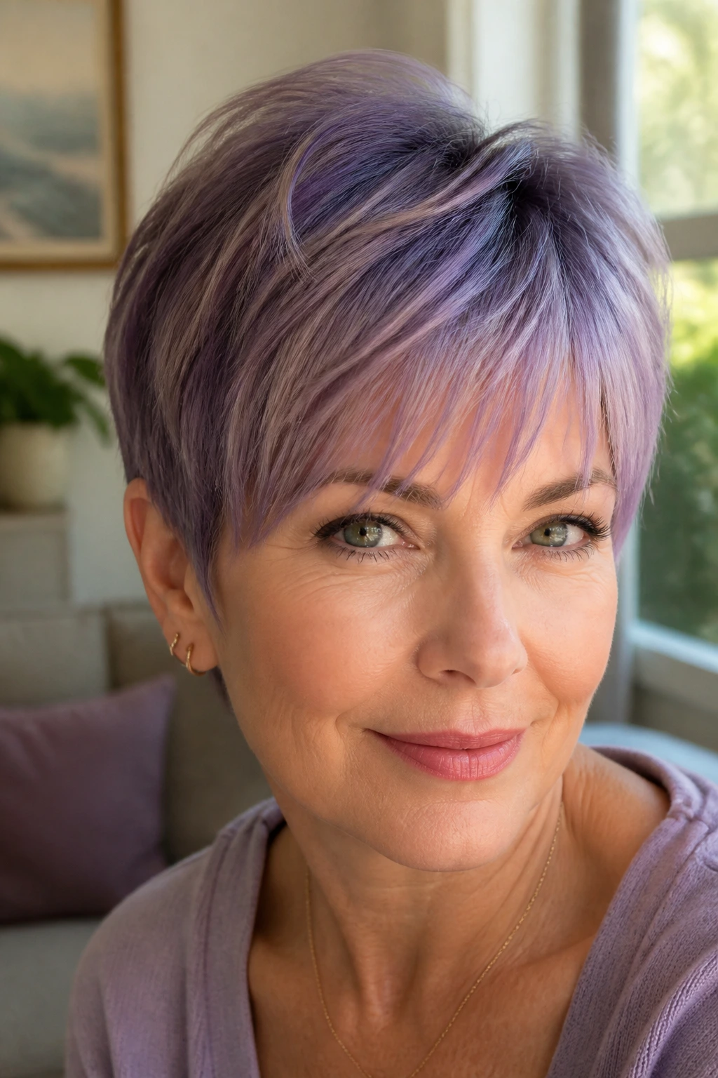 Real person with iris-toned pixie and feathered bangs