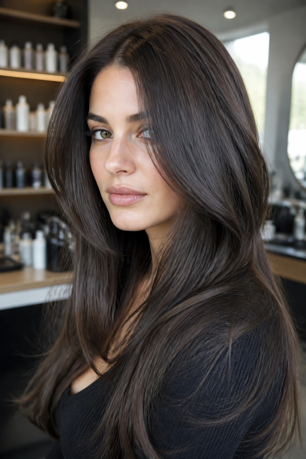 Close-up portrait of iron brown hair with steel-soft shine in a salon