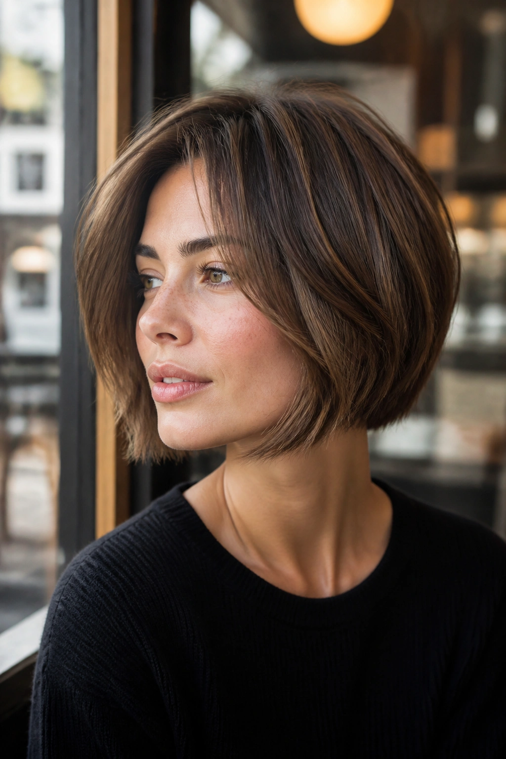 Portrait of a woman with an Italian bob and airy texture in cafe light.