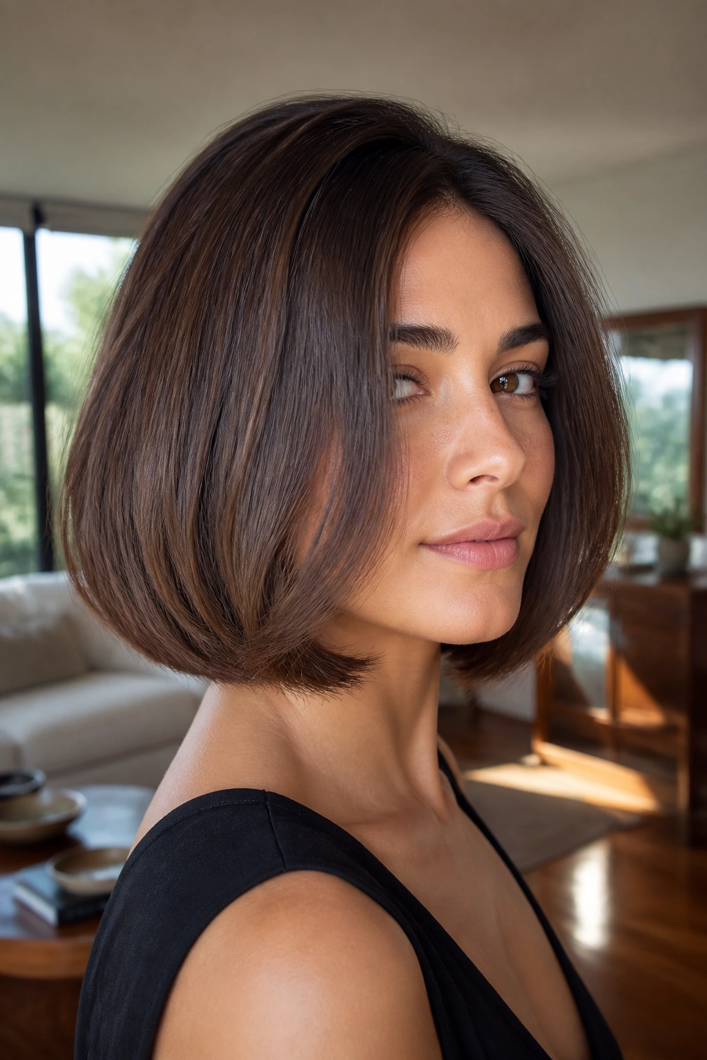 Close-up of a real person with an Italian bob and a full edge
