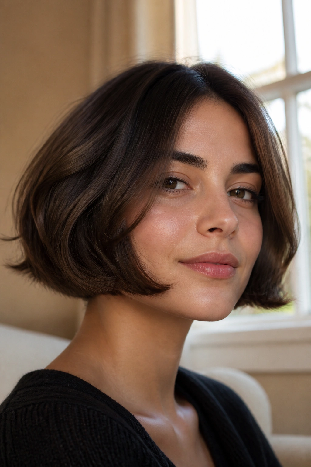 Close-up of a real woman with a plush Italian bob grazing the jaw.