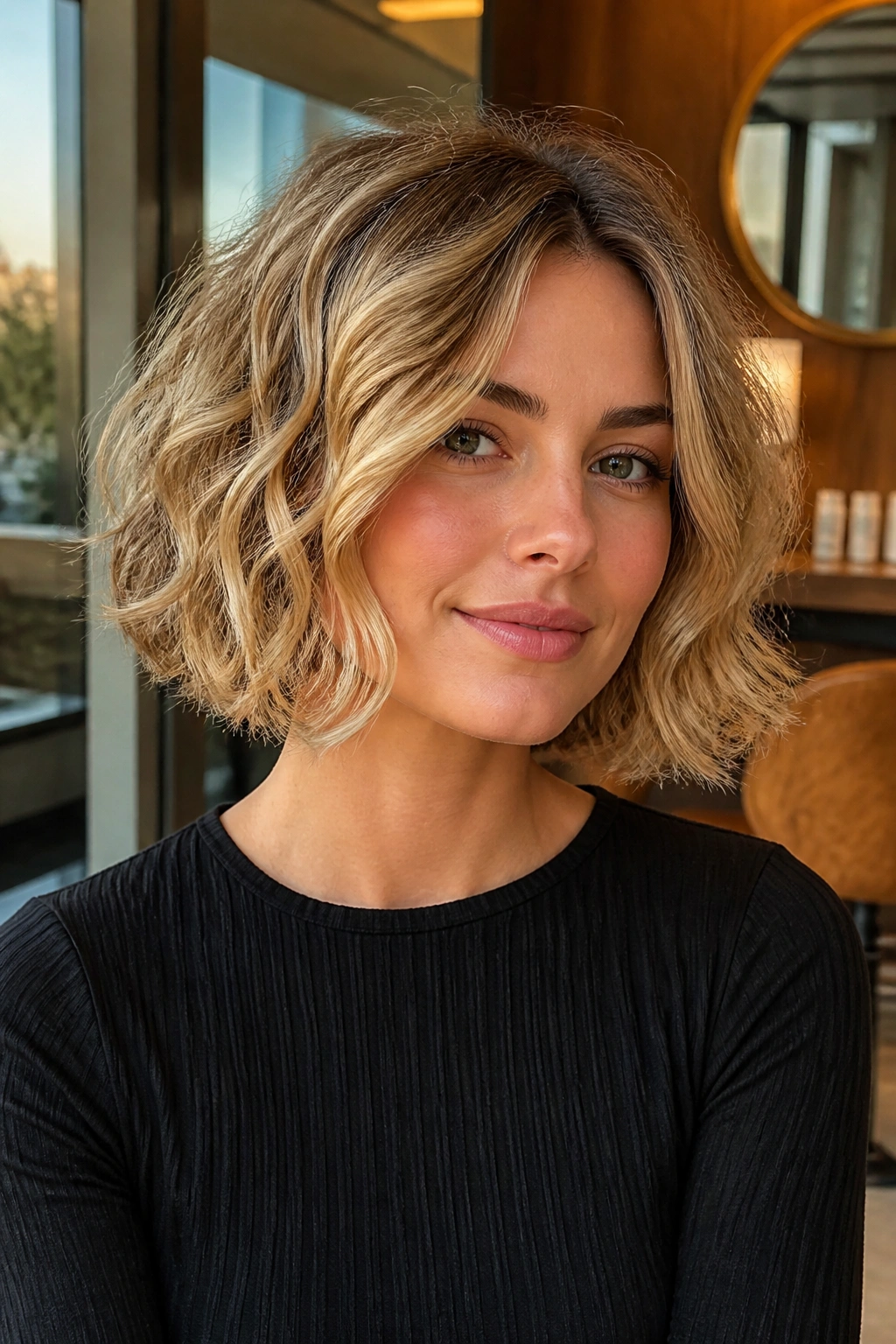 Real woman with Italian bob and loose curls under natural window light.