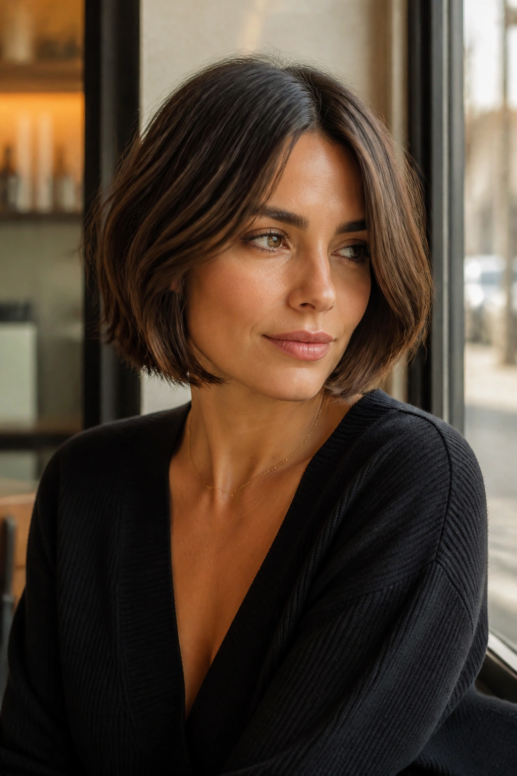 Close-up of a real woman with an Italian mid-length bob and side part.