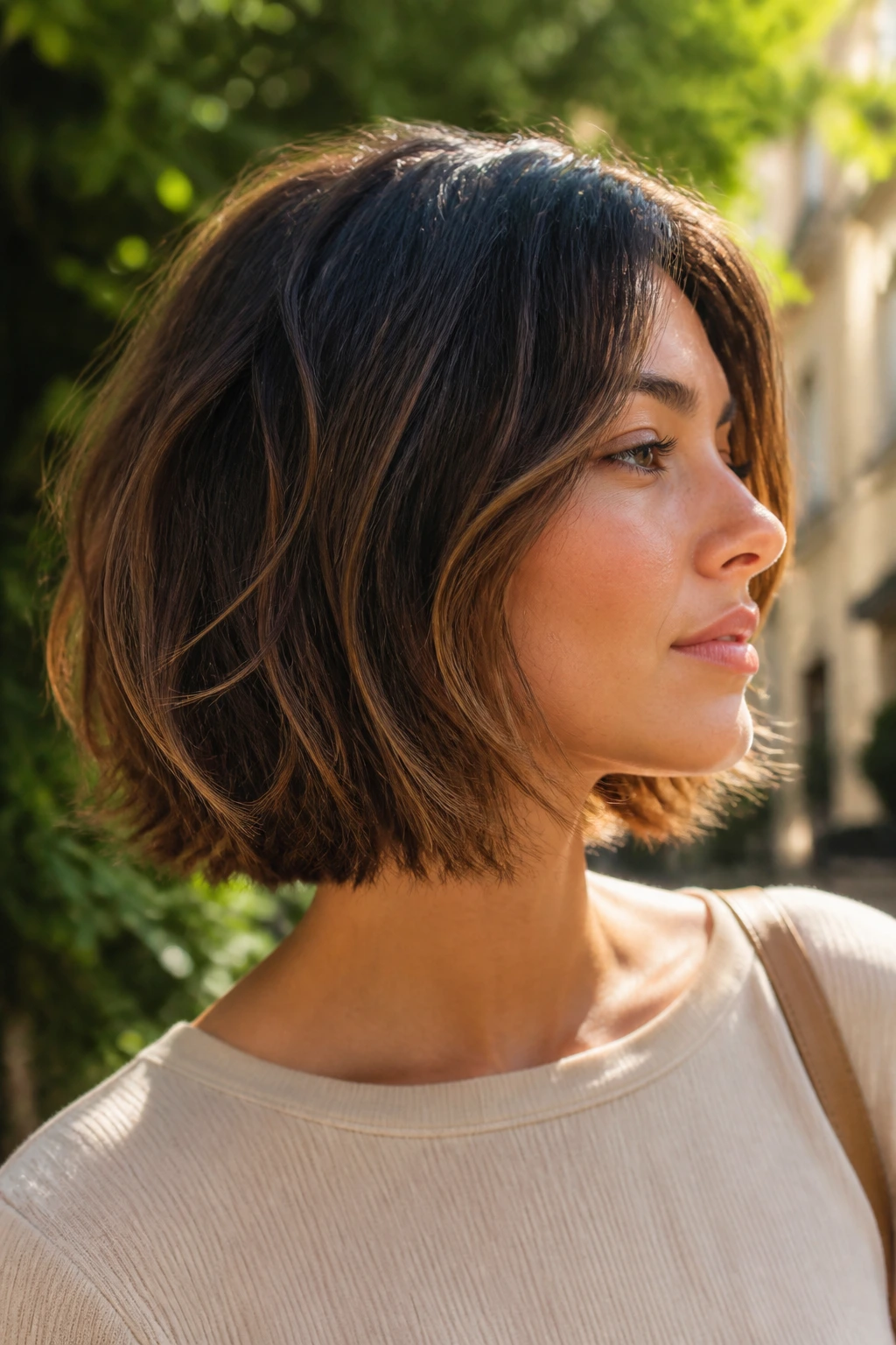 Portrait of a real woman with an Italian bob showing movement in the ends under natural sunlight.