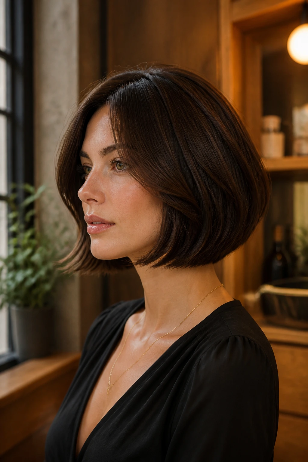Portrait of brunette woman with plush Italian bob in chestnut espresso shade.