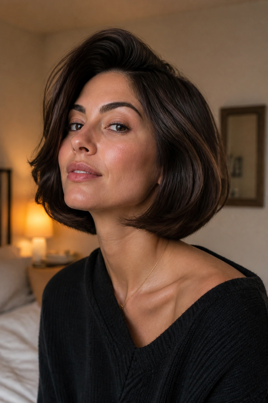 Portrait of a real woman with an Italian bob featuring plush crown volume