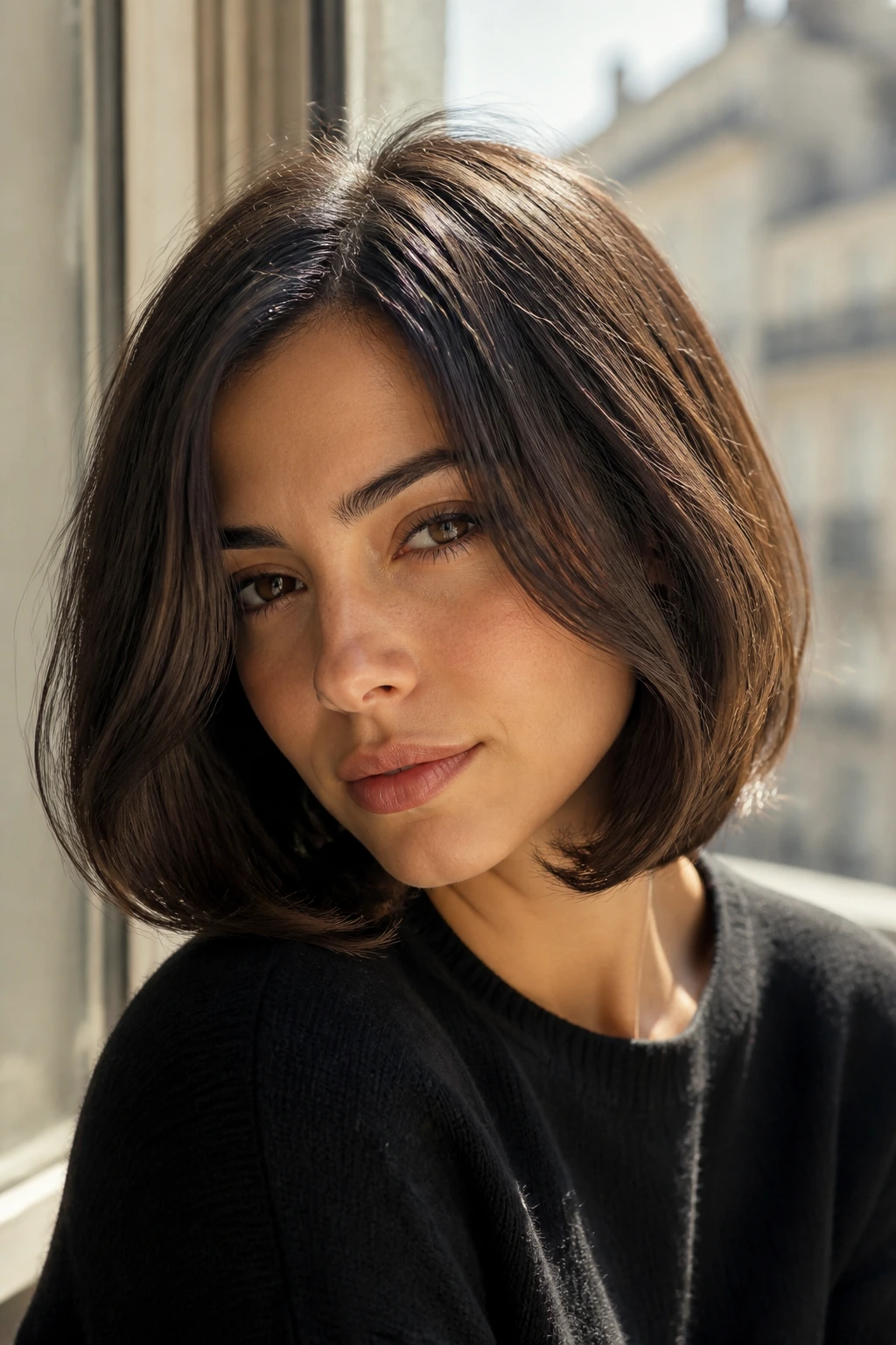 Close-up portrait of a real woman with an Italian bob and rounded silhouette
