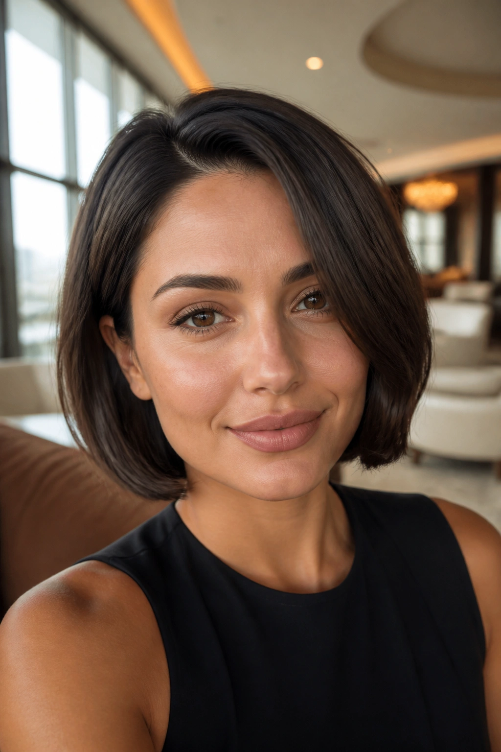 Close-up of a real woman with jaw-skimming Italian bob and side part