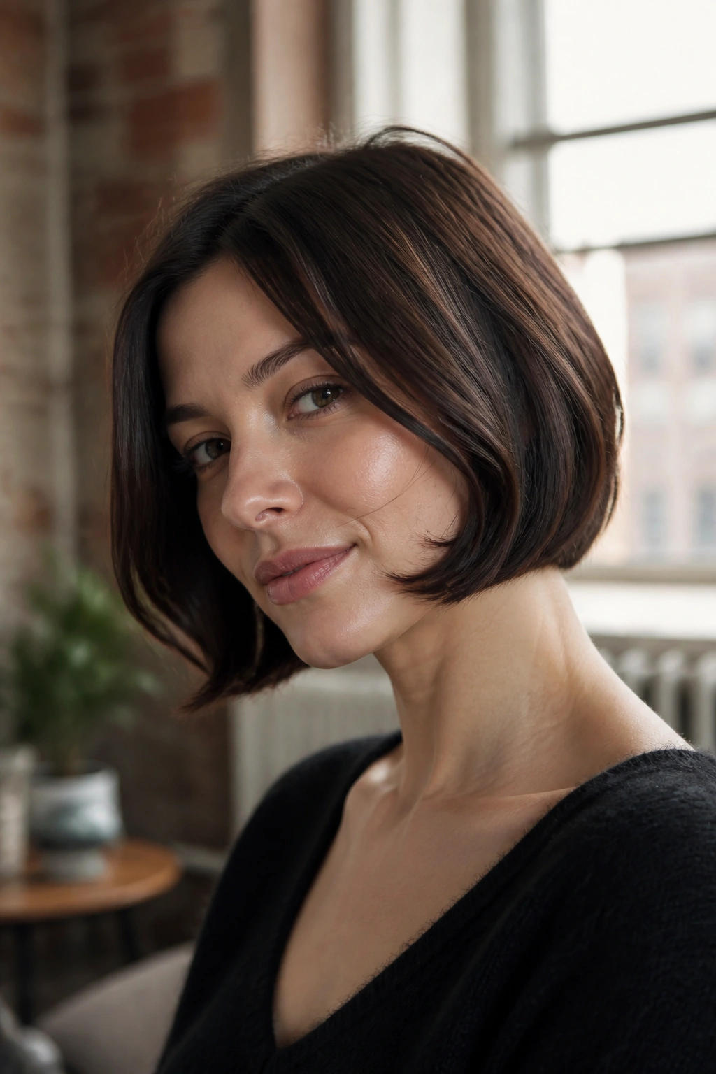 Close-up of a real woman with an Italian bob and soft bend at the ends