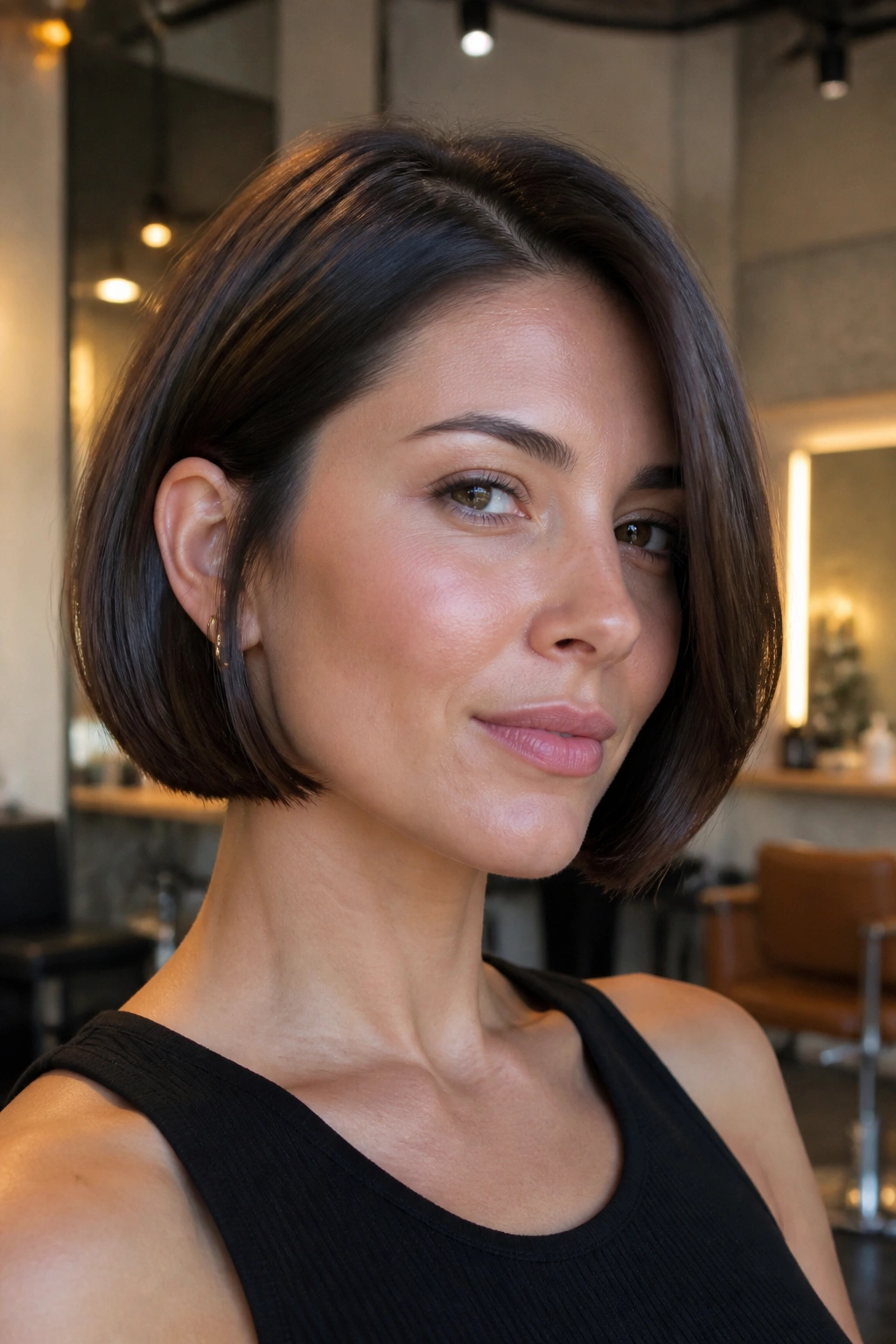 Close-up portrait of a real woman with an Italian bob and soft square edge in warm salon lighting