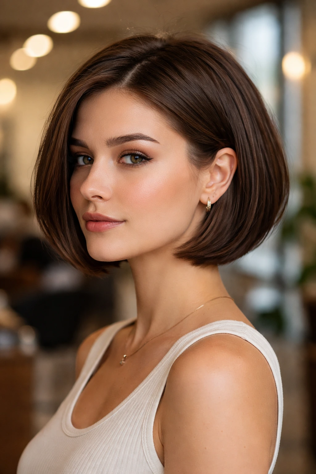 Close-up portrait of a real woman with jaw-length Italian bob featuring soft internal layering in a salon setting