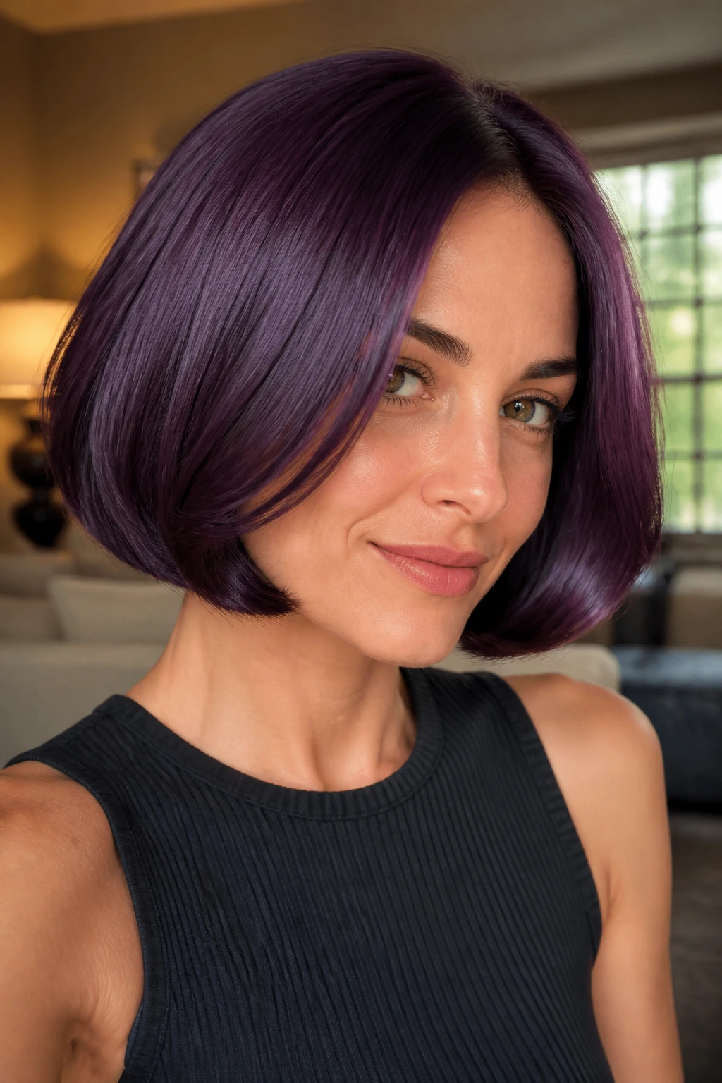 Italian bob with violet glaze on a real woman, glossy and dense.