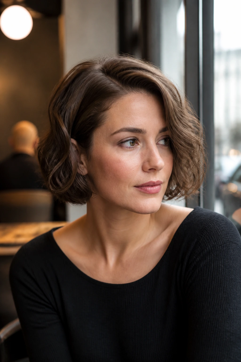 Close-up of a person with a chin-length side-parted Italian bob and wavy hair.