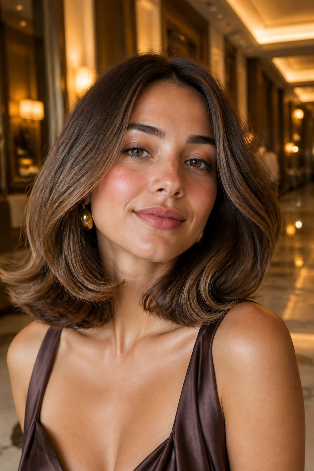 Real woman with Italian lob soft ends, rounded ends in a close-up portrait.