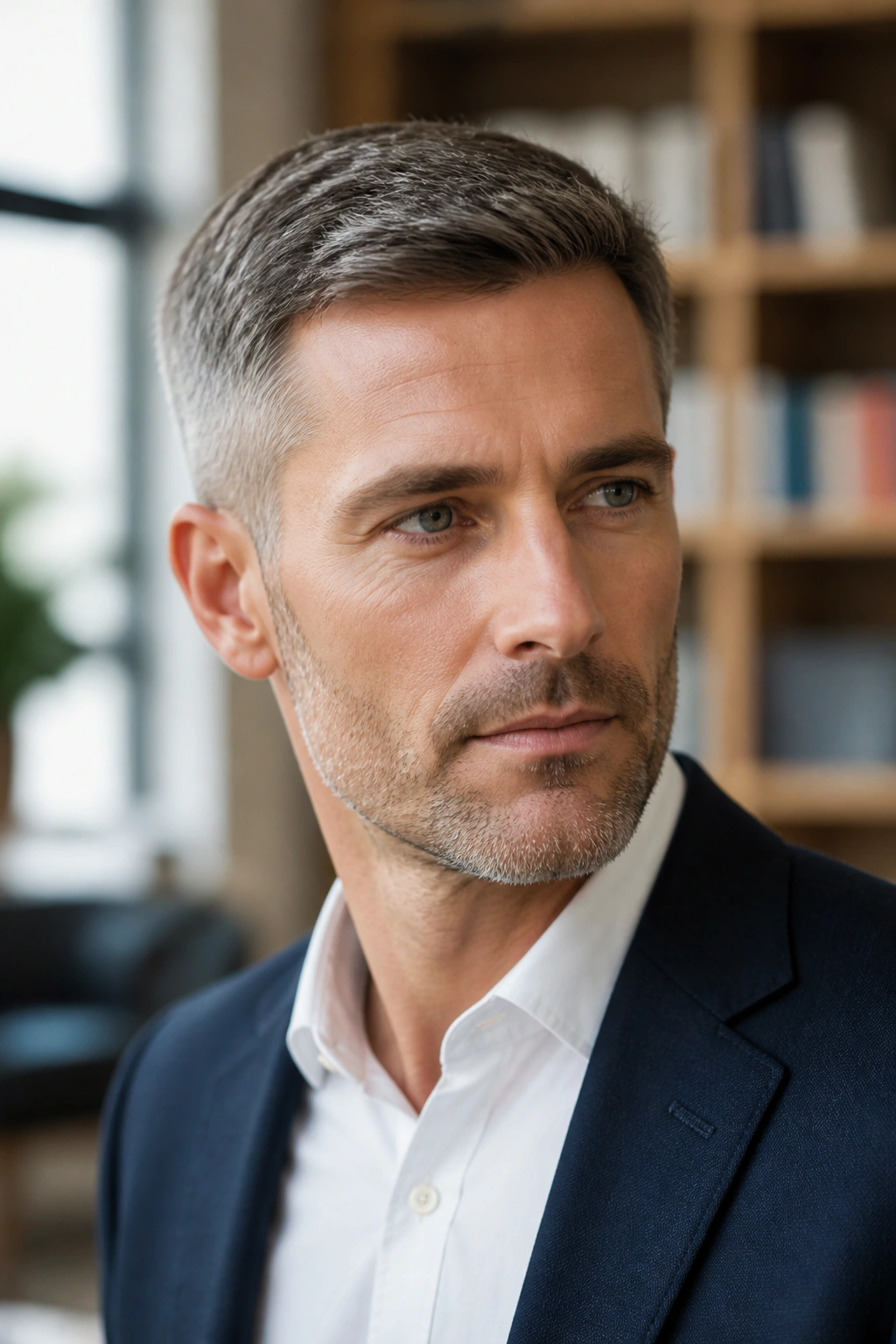 Close-up portrait of a man with an Ivy League haircut and gray temples.