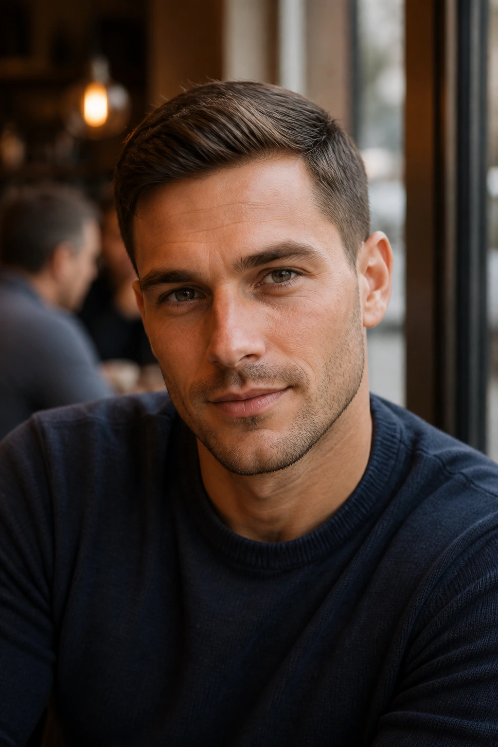 Close-up of a man with an Ivy League cut in a cafe setting