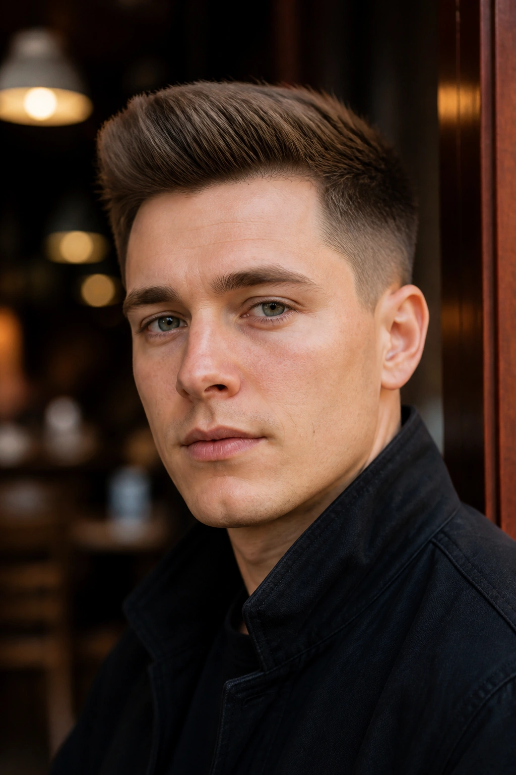 Close-up of a real man with an Ivy League cut extra height in a warm cafe setting