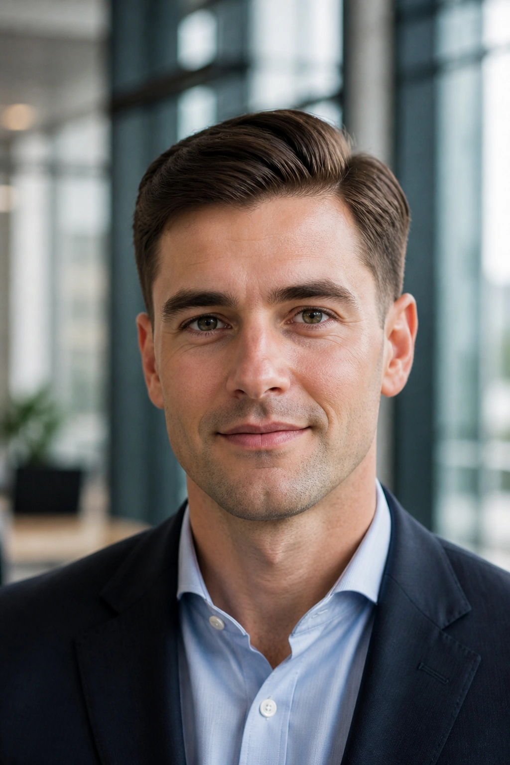 Close-up portrait of a man with an Ivy League haircut in an office lobby