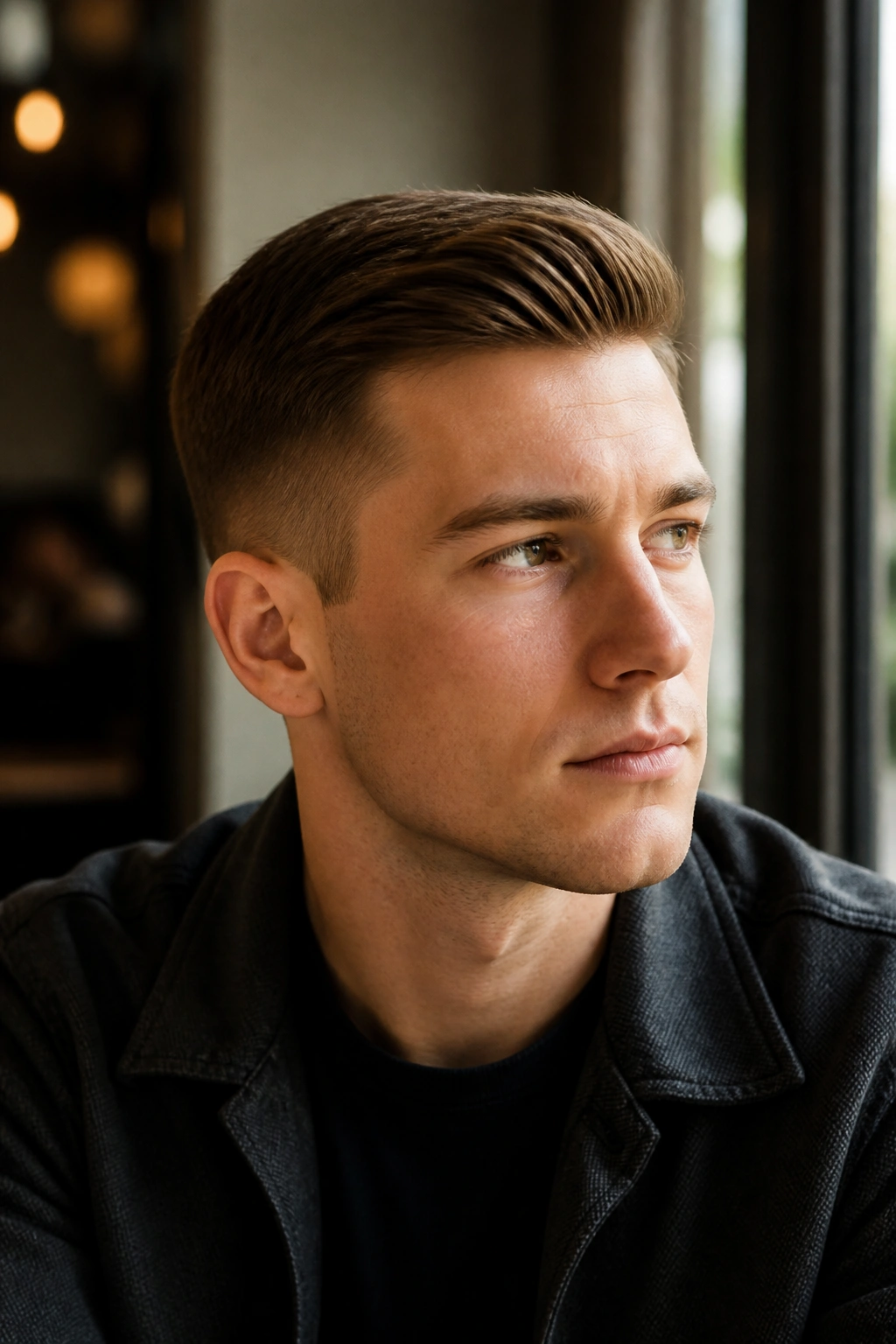 Close-up portrait of a man with an Ivy League haircut, top swept to the side and tapered sides in warm cafe lighting
