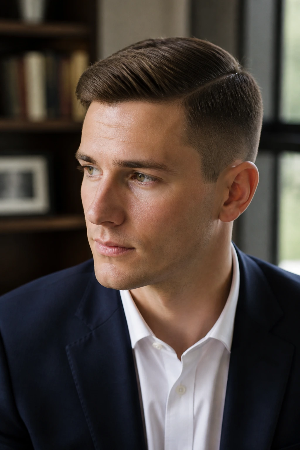 Close-up of a man with an Ivy League cut and side part.