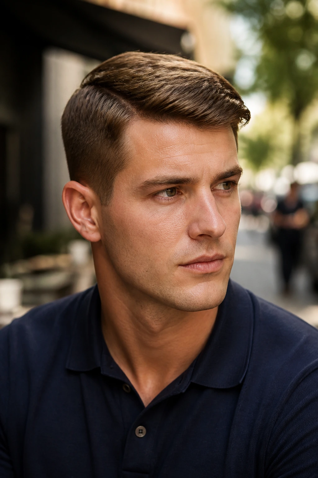 Close-up portrait of a man with an Ivy League haircut at a cafe, natural light.