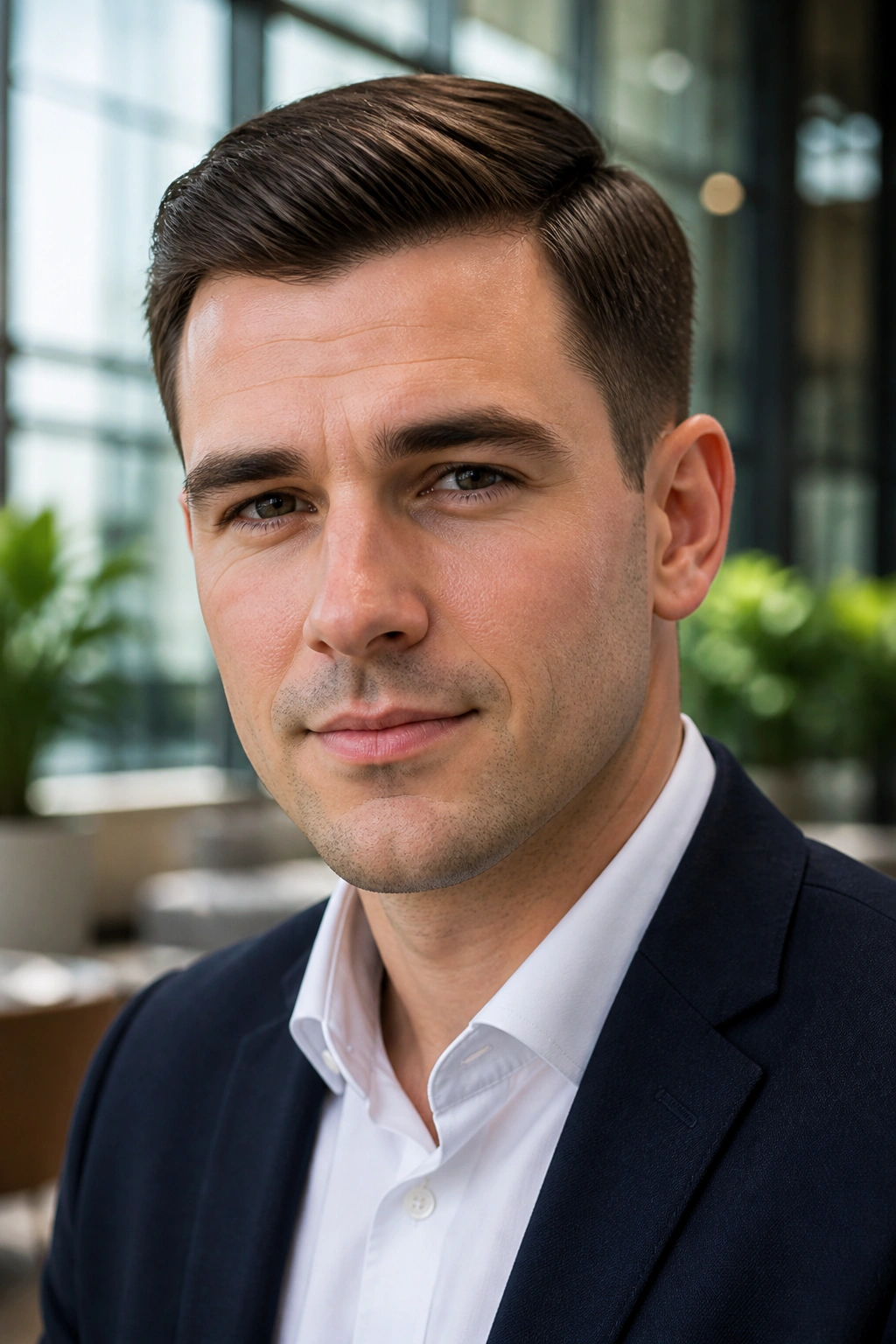 Close-up portrait of a man with an Ivy League haircut in an office lobby