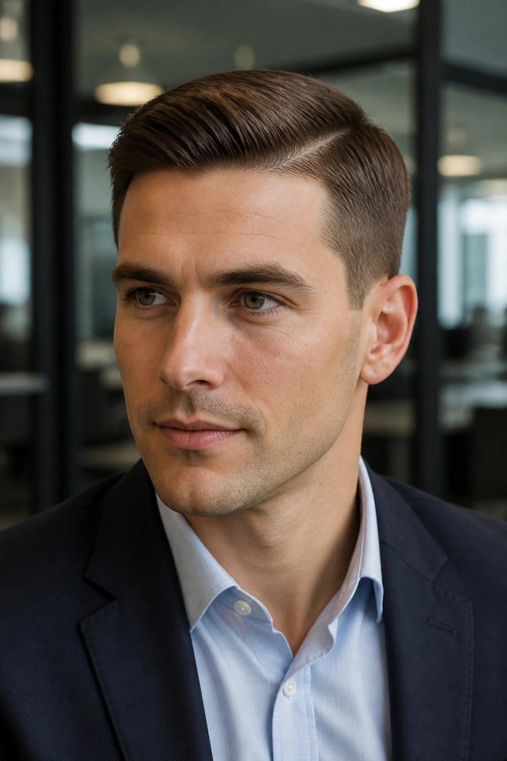 Close-up of a man with an Ivy League haircut in an office setting