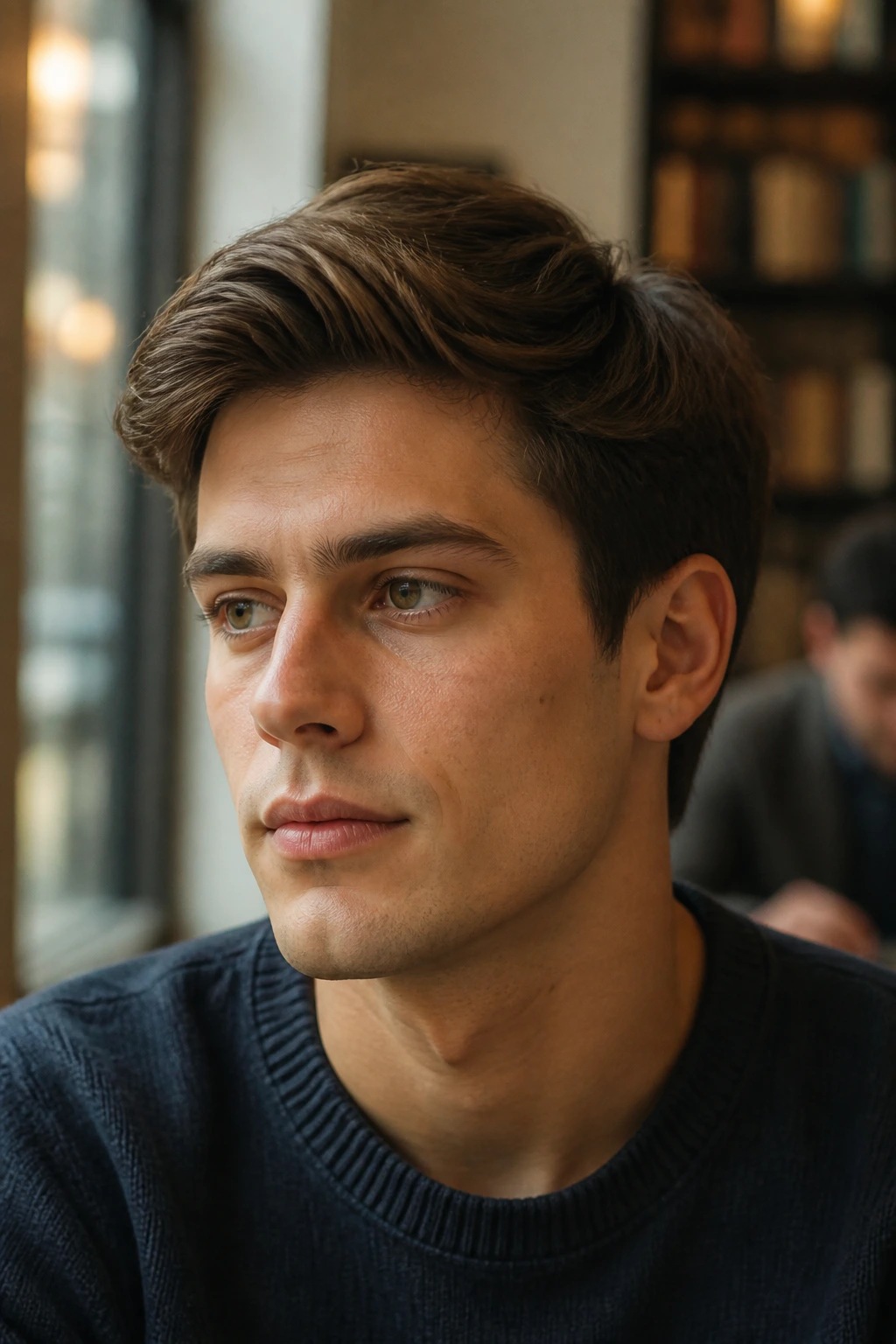 Close-up of a man with long layered Ivy League cut