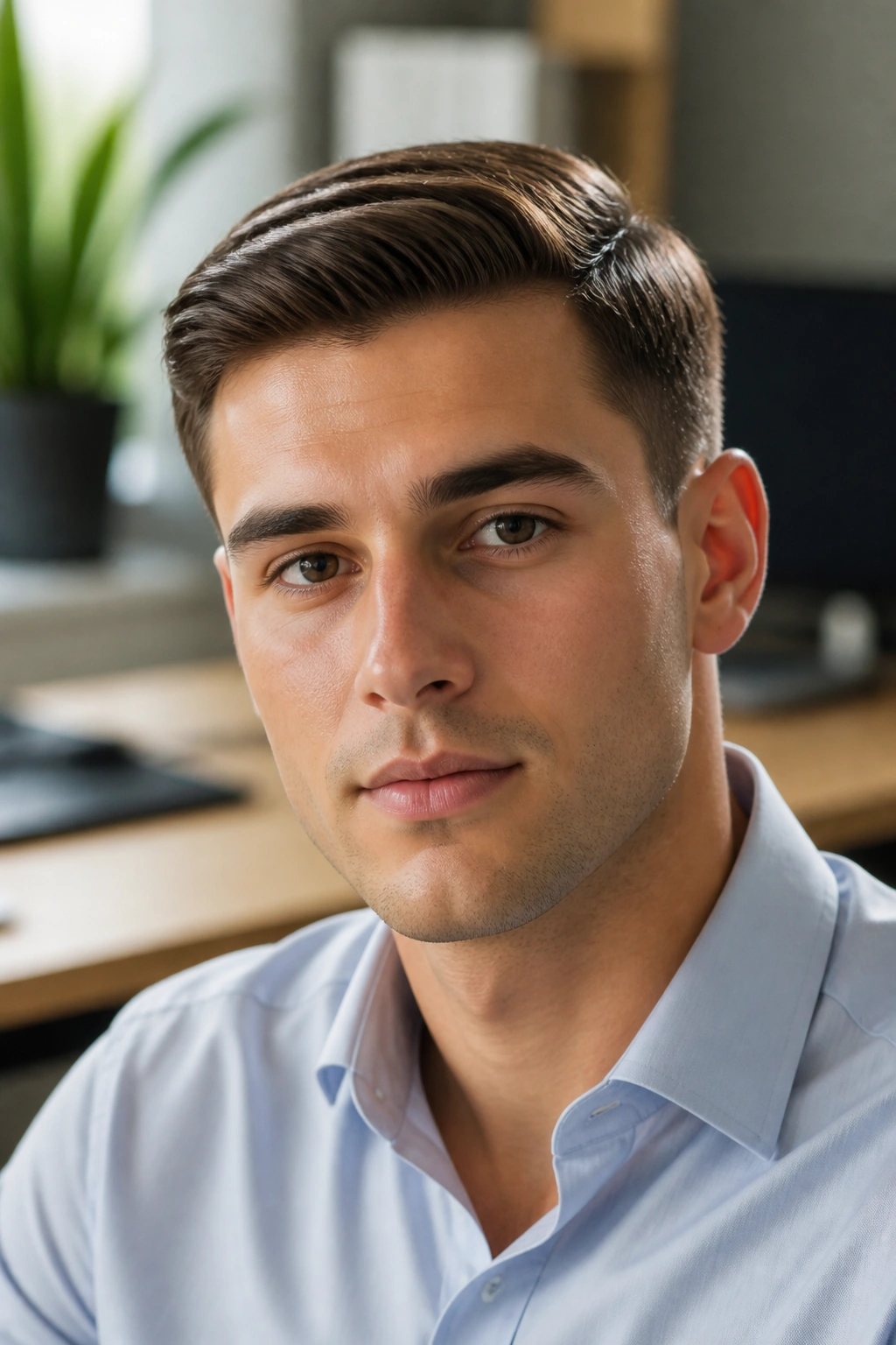 Close-up of a man with an Ivy League haircut in an office setting