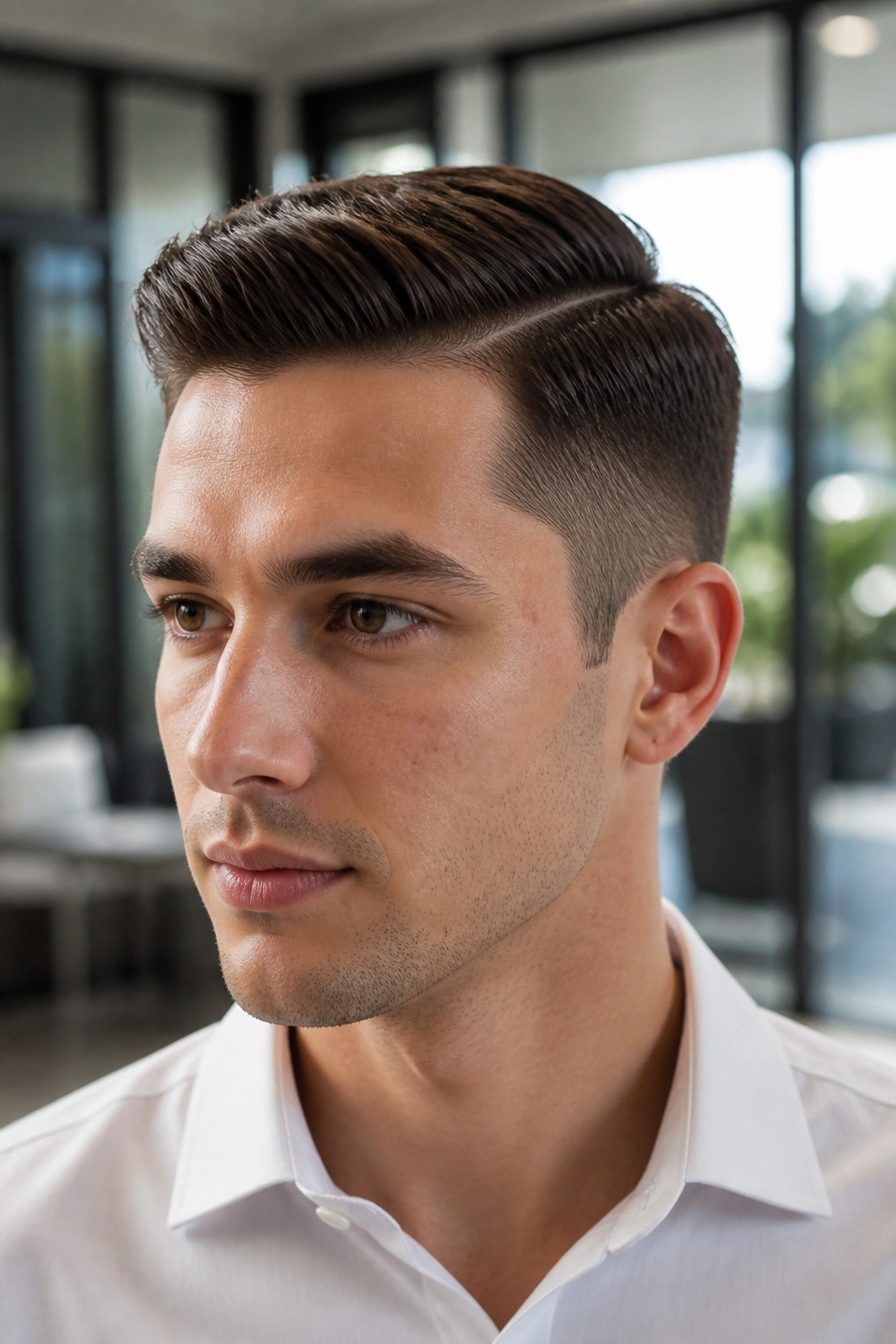 Close-up of a real man with Ivy League haircut and hard part in an office setting