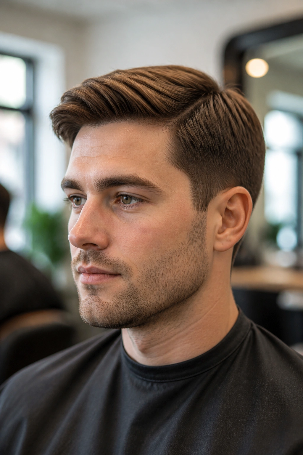 Close-up portrait of a man with ivy league haircut and subtle layers, clean salon backdrop