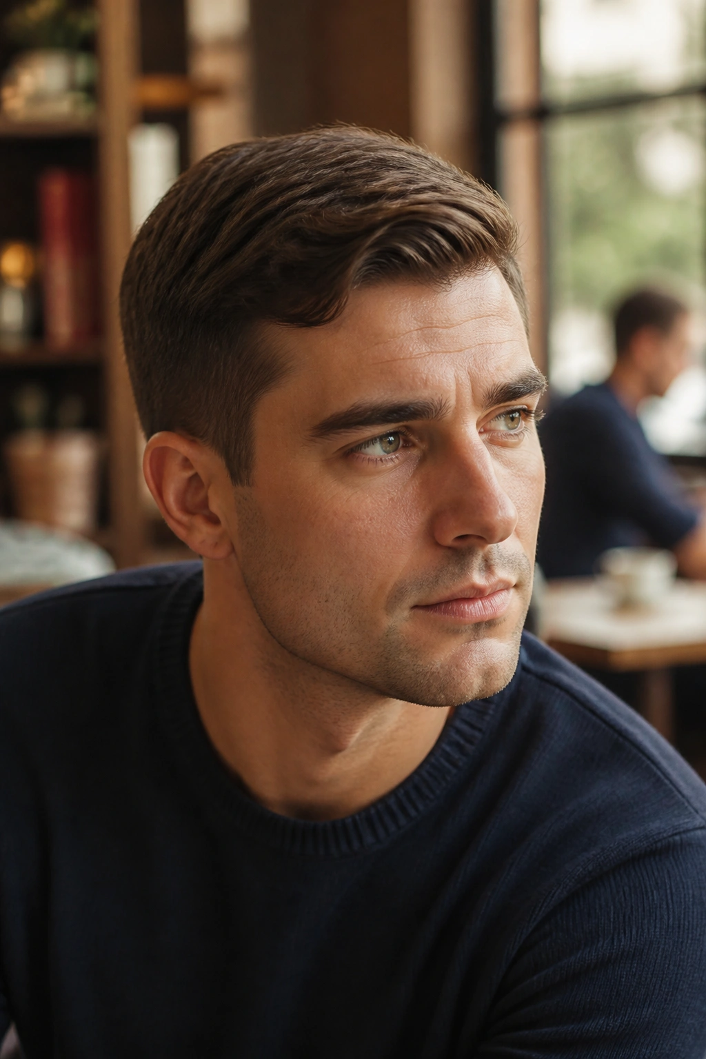 Close-up of a man with an Ivy League cut and soft side part in a cafe setting