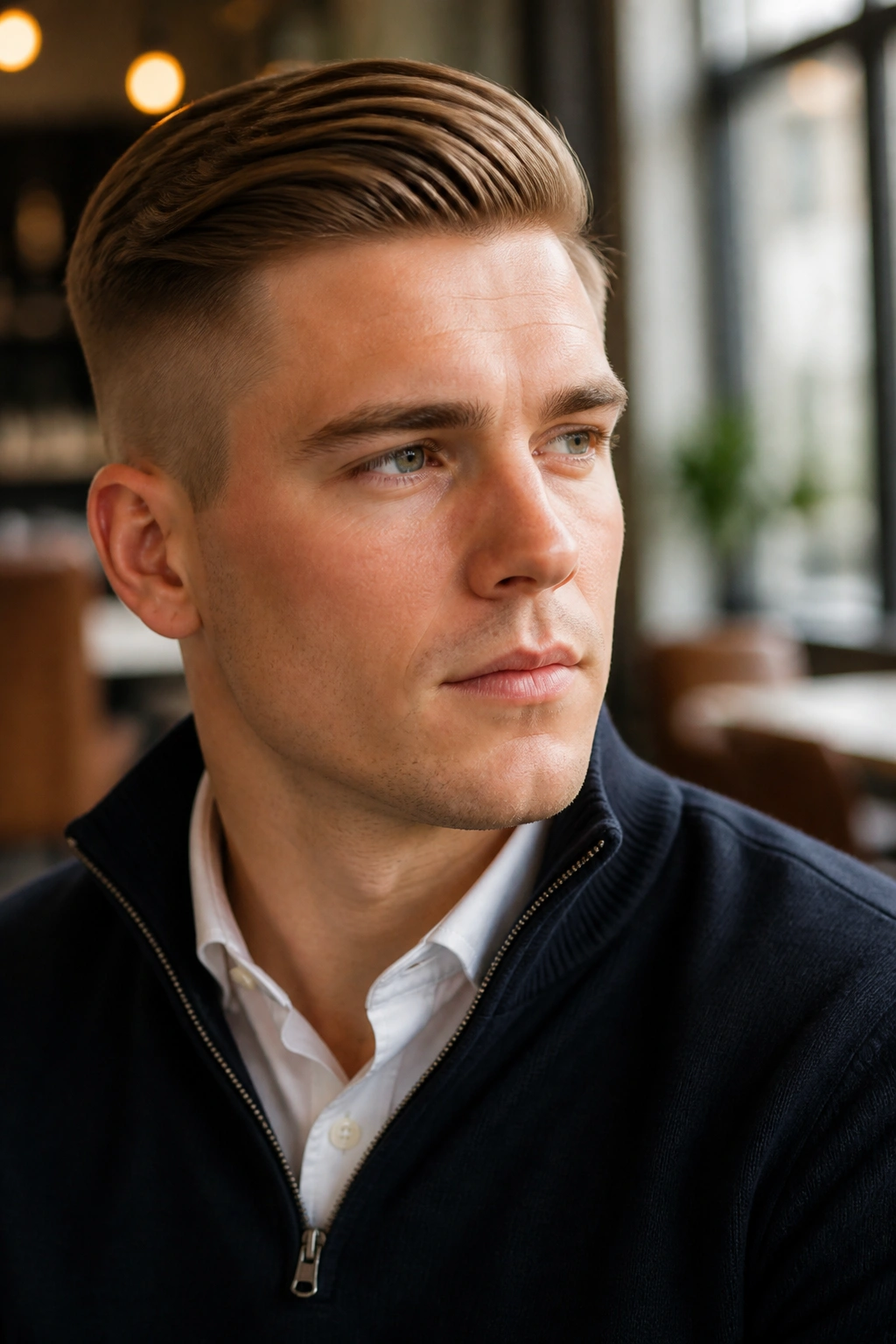 Portrait of a man with an ivy league undercut and clean side part